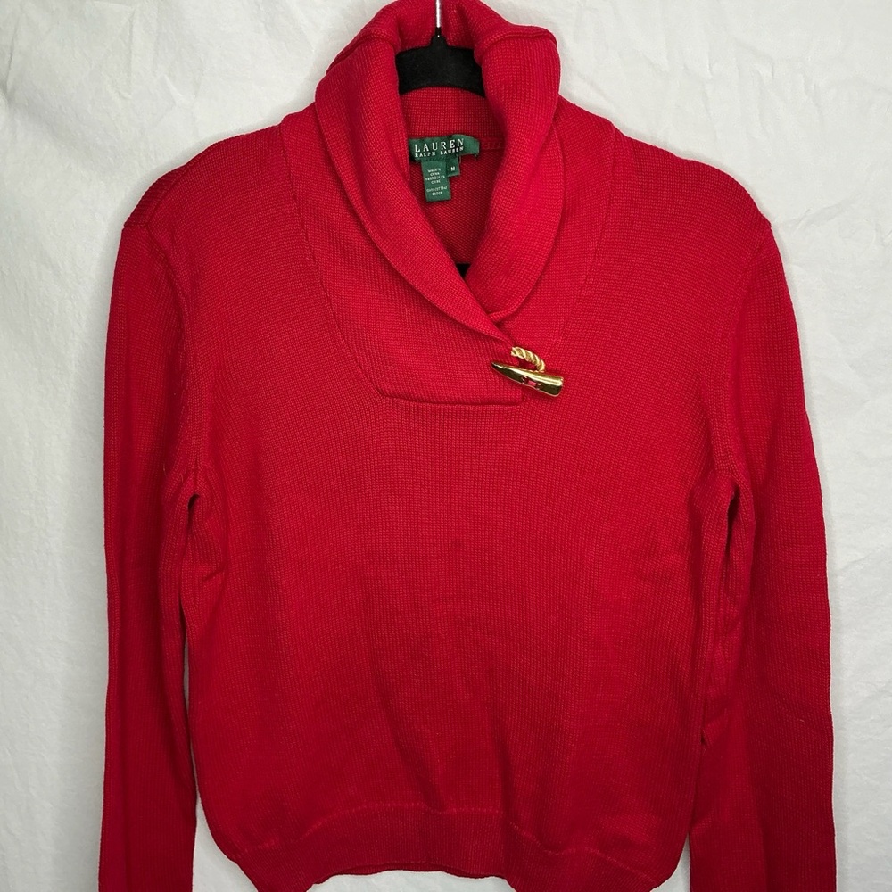 Lauren Ralph Lauren Red Shawl Collar Sweater Size Medium Gold Horn Cotton Preppy